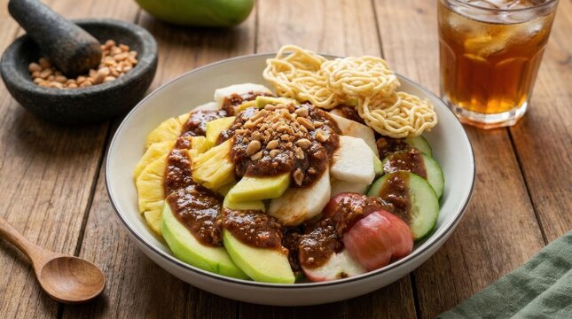 Indonesian asinan fruit served with spicy peanut sauce in bowl