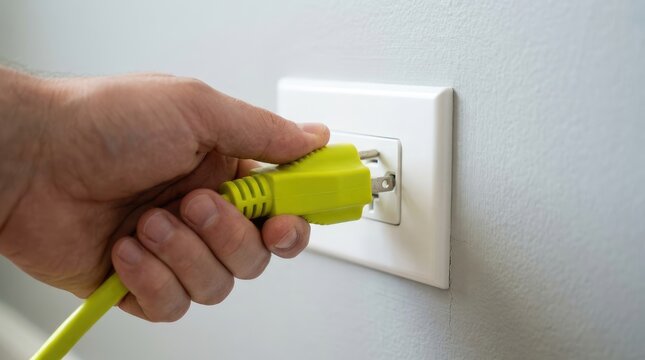 Hand plugging bright adapter into wall electrical outlet