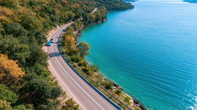 A scenic road curves along a vibrant blue ocean surrounded by lush green hills.