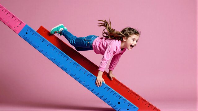 Girl climbs giant red and blue rulers against pink background, joyful expression.