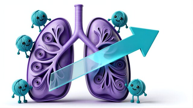 Purple lungs with happy yarn characters and a rising arrow symbolizing improved health.