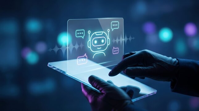 Glowing digital chatbot interface displayed on futuristic glass tablet device