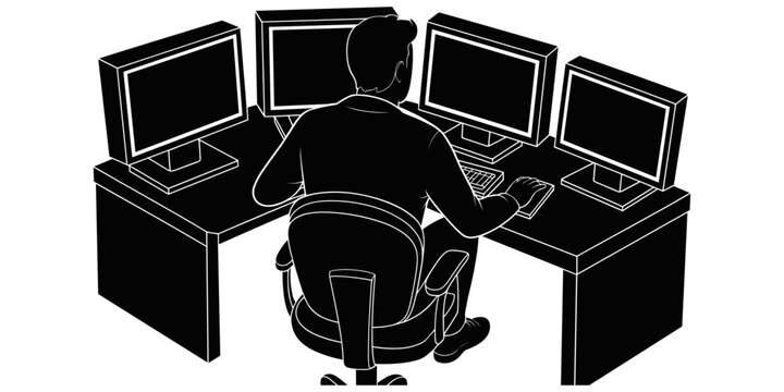 A person sitting at a desk working on four computer monitors in an office environment, black silhouette on white background