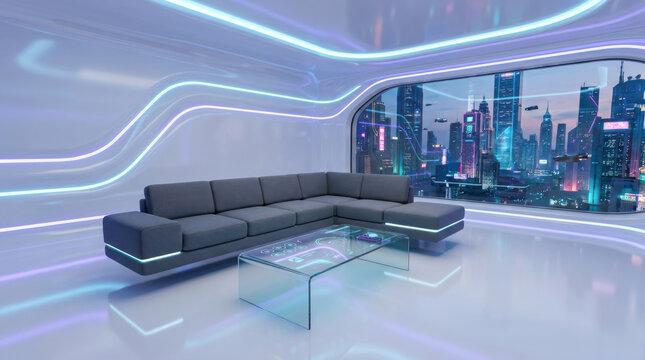 Futuristic Sci-Fi Living Room with City View