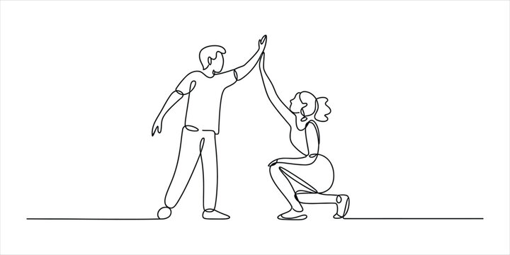 Man and woman doing a high five gesture in a simple continuous single line drawing