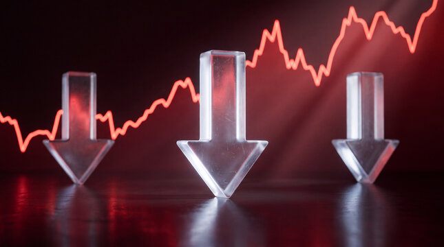 Three translucent glass downward arrows standing on a dark reflective surface in front of a glowing red financial stock market crash chart.