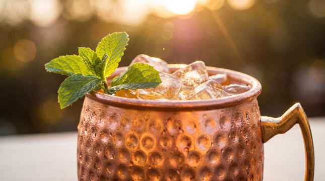 A refreshing Moscow Mule cocktail served in a classic copper mug with ice and fresh mint, backlit by the warm golden glow of a summer sunset.