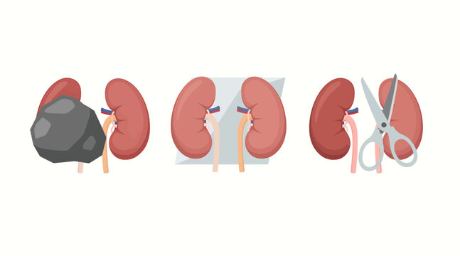 Medical Illustration of Kidney Stone Removal Procedure Showing Stone, Diagnosis, and Surgical Intervention with Scissors