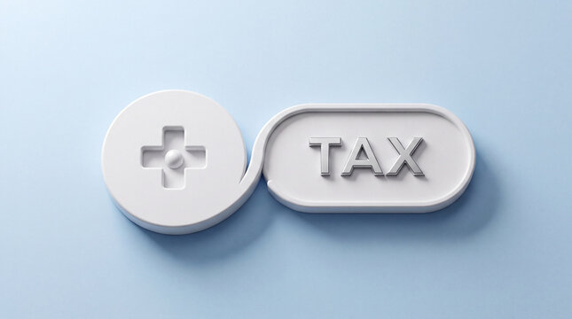 A minimalist 3D rendering featuring a medical plus icon connected to the word tax, symbolizing healthcare costs, medical expenses, or tax deductions.