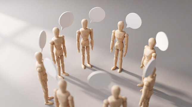 A group of wooden jointed dolls arranged in a circle, each with a blank speech bubble, representing social communication, teamwork, and business networking.