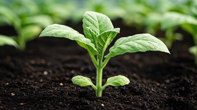 Close-up of young green plants growing in the soil and green seedlings