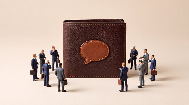 Miniature business figurines standing around a large brown leather wallet featuring a speech bubble icon, representing financial discussion and communication.