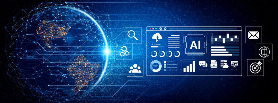 Explore a captivating digital interface showcasing a global map interconnected with artificial intelligence features, highlighting the future of technology and innovation. Nascent