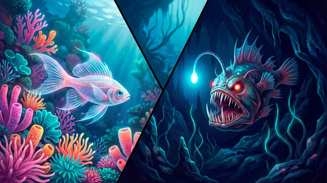 A conceptual split-screen illustration contrasting a vibrant, glowing tropical coral reef with a dark, terrifying anglerfish in the deep ocean depths.