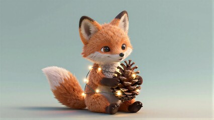 Obraz premium Cute fox holds glowing pinecone, warm lights wrap its fur in cozy winter scene.