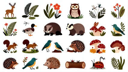 Fototapeta premium Cute forest animals and plants in a colorful, cartoon-style illustration.