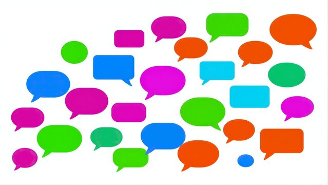 Colorful speech bubbles float, symbolizing lively conversation and communication.