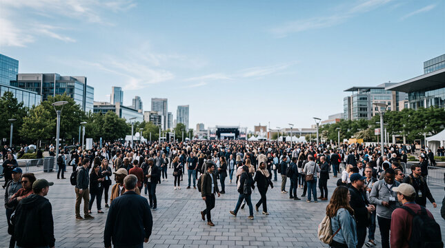 Crowd of people walking in an outdoor plaza at a convention