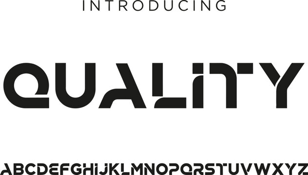 Futuristic quality font display with modern geometric sans serif typeface for tech branding layout.