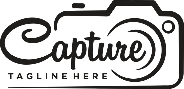 Photography capture logo design featuring script typography integrated with minimalist camera frame.