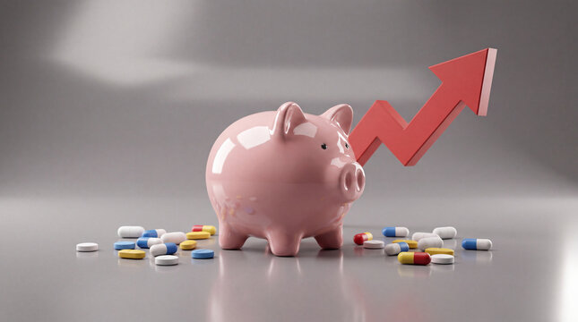 A pink piggy bank surrounded by various colorful pharmaceutical pills with a red rising arrow, representing the increasing financial costs of healthcare.