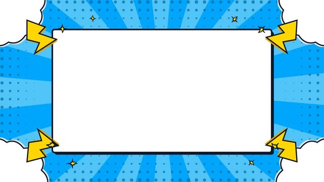 Comic Book Title Frame Overlay with Yellow Lightning Bolts and Blue Sunburst Halftone Background for Cartoon Video Intro