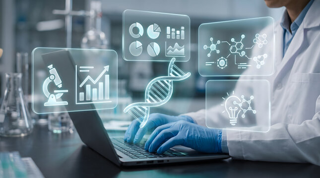 Scientist using laptop in lab with holographic DNA, molecules, and medical research analytics display