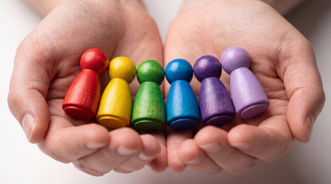 Hands holding colorful wooden pawns arranged in a row, symbolizing diversity, inclusion, teamwork, and unity in a community or corporate environment.
