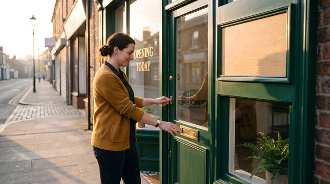 Woman Unlocking Green Shop Door with Opening Today Sign at Sunrise