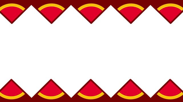 White background featuring a repeating scalloped border pattern made of small red and yellow triangular teeth running along the top and the bottom