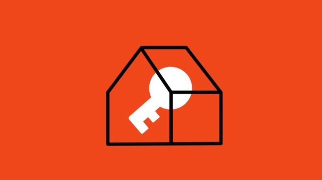 Orange background with a white outlined house icon containing a small white key shape inside it, representing home security or property ownership