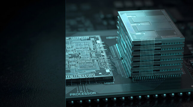 3D Rendering of Stacked HBM Memory Beside Processor Die on Circuit Board
