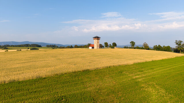 Aerial view of Rozhledna U Borovice standing in the middle of golden wheat fields under a clear blue sky in Semily, Liberecky kraj, Czechia.