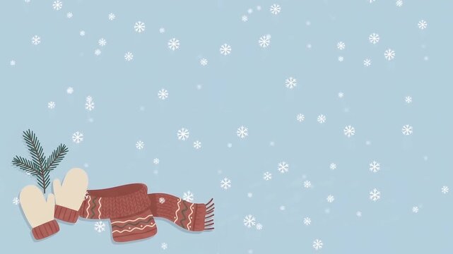 雪が舞う水色背景に手袋とマフラーを配置した冬の防寒イメージ