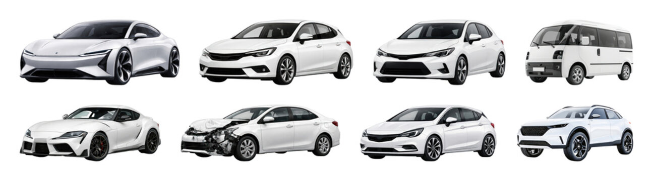 PNG Collection of modern white cars in various models, transparent background