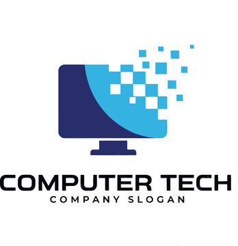 Computer monitor logo with digital pixel particles for information technology software development firm.
