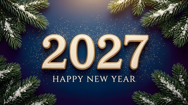 Elegant dark background with 3D gold 2027 numbers framed by snowy pine branches, pinecones, and soft warm glowing lights.