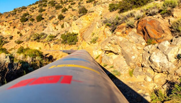 Large industrial pipeline traversing a rugged, arid, mountainous landscape with golden hour sunlight.