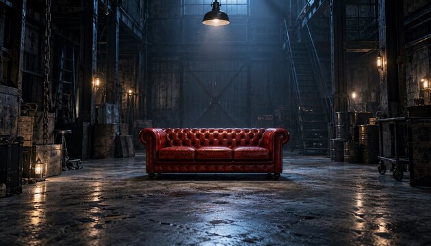 Red leather sofa in a dark industrial warehouse interior