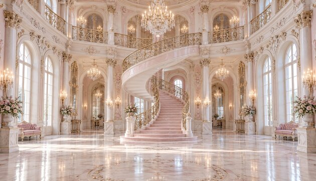 Opulent pink palace interior with grand spiral staircase