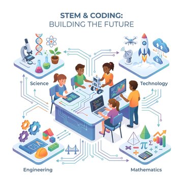 STEM Education and Coding Concept Banner with Children Learning Technology Vector Illustration