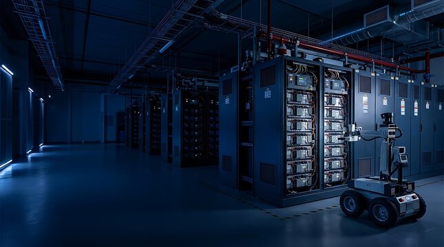 Mobile inspection robot with sensor arm monitoring server cabinets and electrical enclosures inside a dark, spacious data center hall with overhead cable trays and blue lighting.