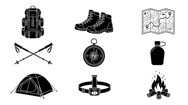 Hiking gear icons including backpack boots map and compass for adventure.