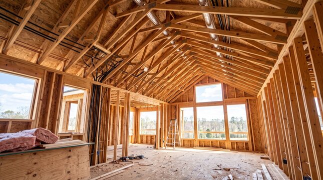 Unfinished interior of a residential house under construction with wood framing