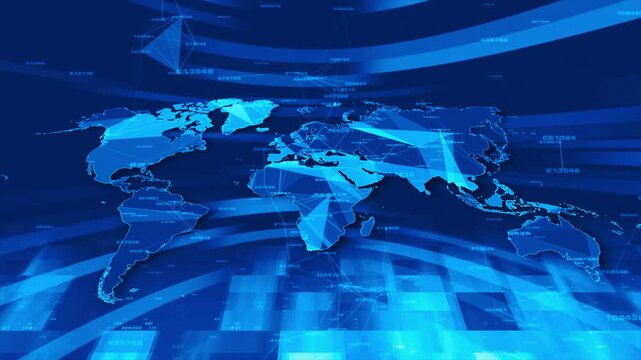 Digital world map video animation with glowing blue data streams and global network connection footage