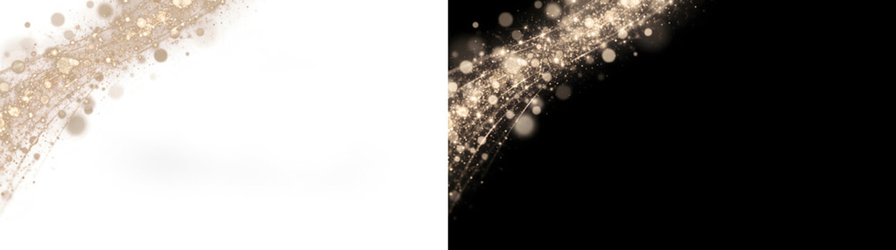 Gold glitter diagonal light stream with sparkling bokeh particles flowing from corner for elegant design overlays in PNG, Transparent and Black Background Versions