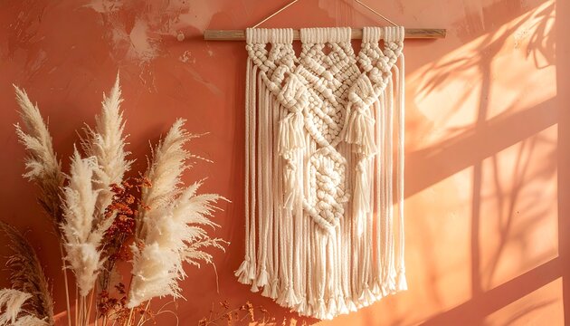 Handmade Macrame Wall Hanging with Dried Pampas Grass on Terracotta Wall with Warm Sunlight Shadows, Boho Style Home Interior Decor