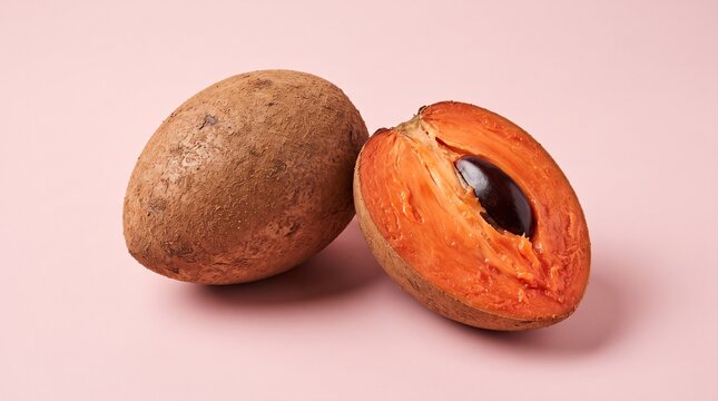 Mammee sapote fruit whole and halved on neutral background for food marketing