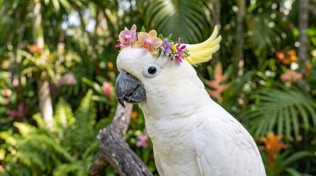 Sulphur-crested cockatoo photo. White parrot wearing a colorful flower crown made of orchids. Perched on a weathered tree branch in a lush tropical jungle garden with green leaves