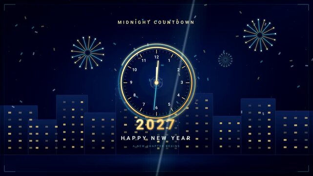 Midnight Countdown 2027 with Golden Clock, City Lights and Fireworks